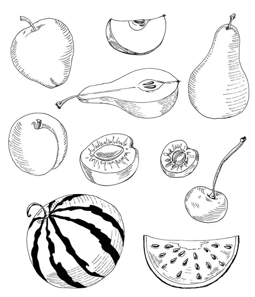 Набор фруктов и ягод: яблоко, груша, банан, абрикос, вишня , — стоковый вектор