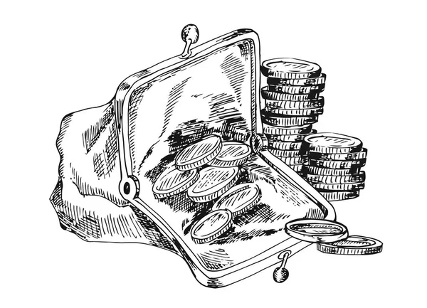 Open portemonnee met metalen munten. De markering van de schets. Vector — Stockvector