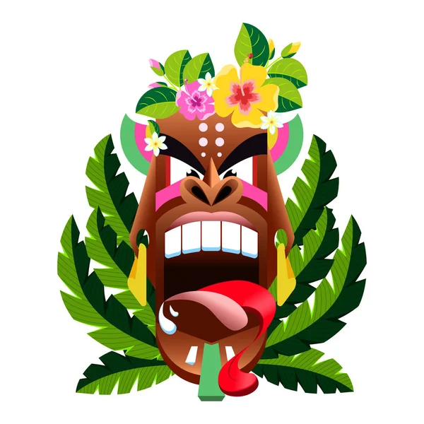 Masker met uitstekende tong, gestileerde Hawaiian houten sculptuur. — Stockvector