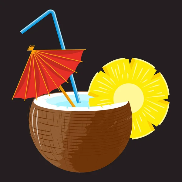 Pina colada cocktail i kokos med ananas skiva, röd umbrel — Stock vektor