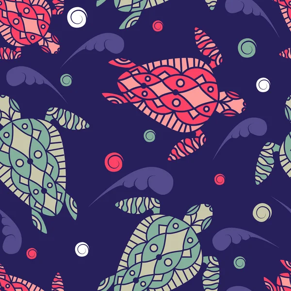 在波浪的样式装饰的红色和绿色海龟 — 图库矢量图片