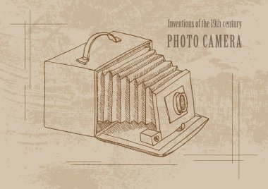 Technical inventions of the 19th century. Photo camera. Poster i clipart