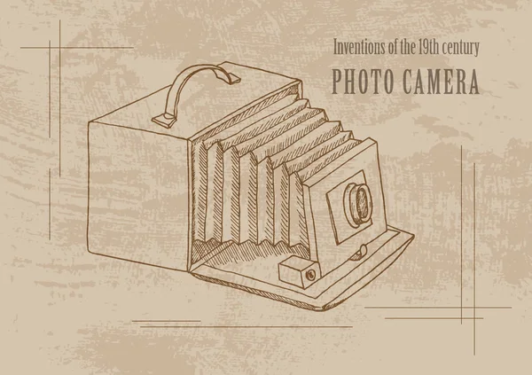 Invenzioni tecniche del XIX secolo. Fotocamera. Manifesto i — Vettoriale Stock