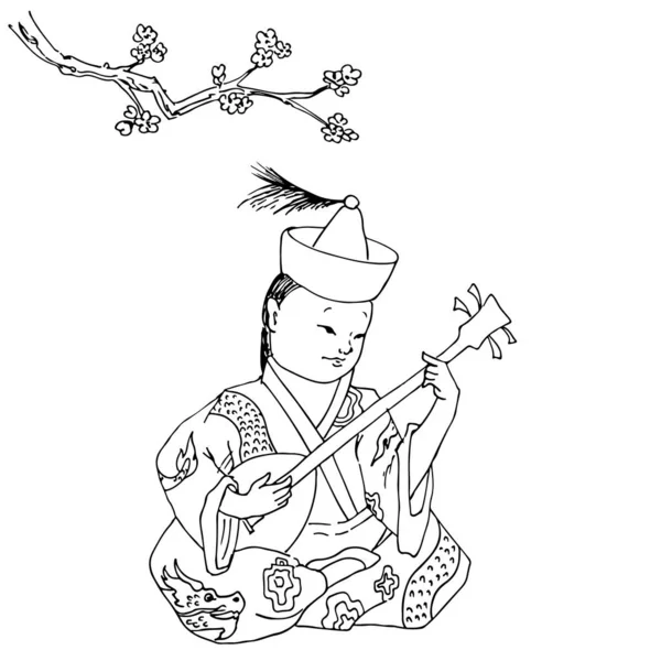 Музыкант с национальным музыкальным инструментом. Китай. Пастиш . — стоковый вектор