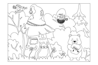 Çocuk boyama kitabı. Masalsı bir evi ve bal taşıyan bir ayısı olan orman manzarası. Vektör