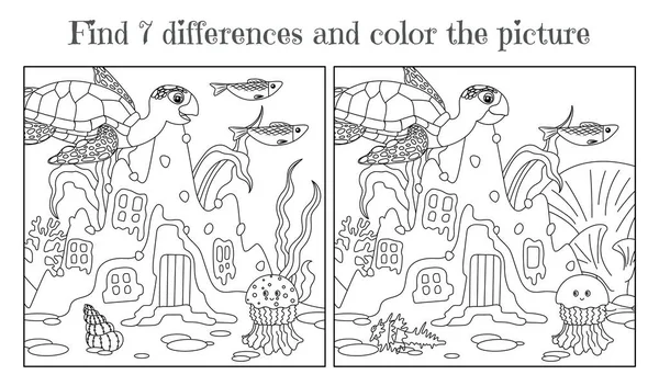 Libro Colorare Bambini Trova Sette Differenze Paesaggio Subacqueo Con Sabbia — Vettoriale Stock