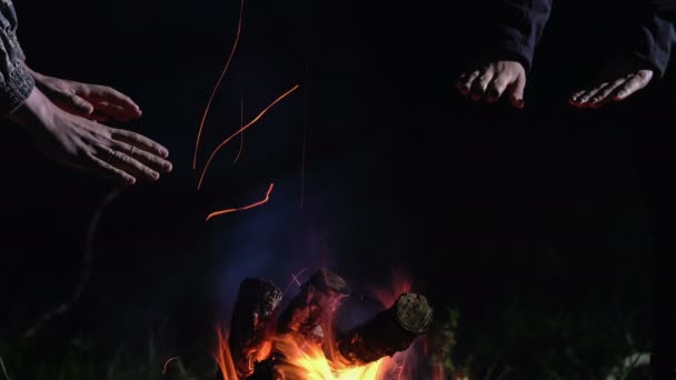 Un picnic. Falò. Brucia legna da ardere. Notte. . — Video Stock