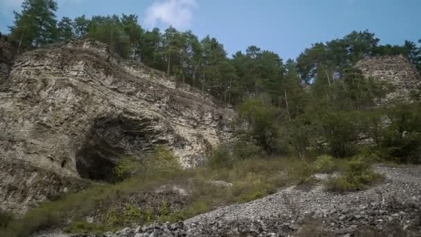 Falaise de montagne envahie par la forêt. Ciel bleu. Des nuages mouvants. Panorama. Pins anciens — Video