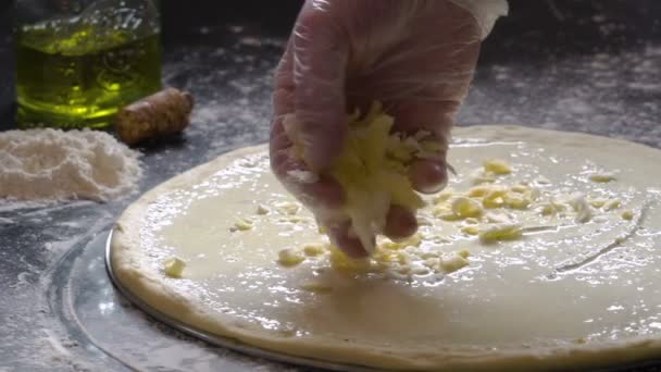 피자를 요리. 피자 반죽에 신선한 grated 치즈를 추가 하는 손. 가루로 만들어진된 나무 테이블에 피자 재료입니다. 슬로우 모션. — 비디오