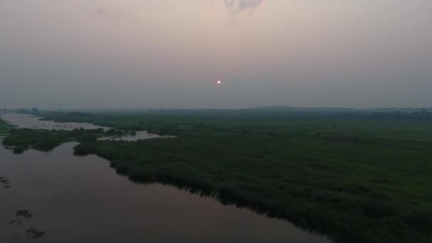 Légifelvételek. Panoráma nyári reggel táj. A festői táj, a folyó, a fák és a hihetetlen nap mező. Reggel köd. — Stock videók
