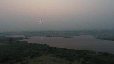 Havadan görünümü. Panoramik yaz sabah manzara. Güzel manzara nehir, ağaçlar ve inanılmaz güneş alanıyla. Sabah sis.
