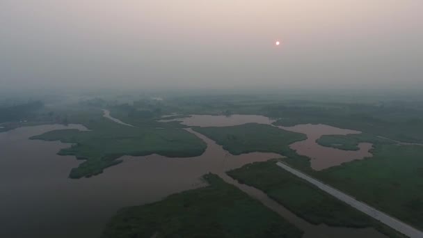 Vista aérea. El pintoresco paisaje con río, puente de carretera, árboles y campo con sol increíble. Niebla matutina . — Vídeos de Stock