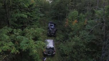 Tilt-up hava atış üç Suv otomobil yoğun dağ orman içinde otopark.