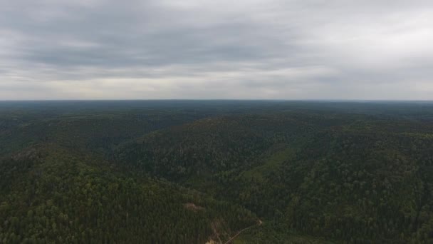 PAN aéreo plano de montañas cubiertas de bosque de coníferas . — Vídeos de Stock