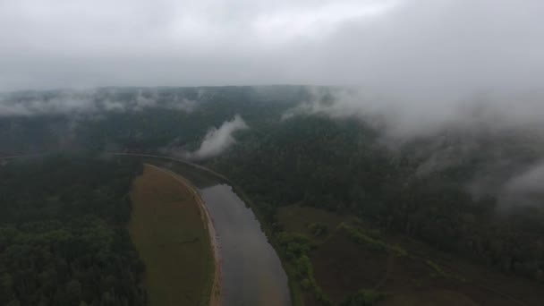 Luftaufnahme des Gebirgsflusses, der zwischen den mit Wald bedeckten Bergen fließt. graue Regenwolken. Nebel über dem Fluss. — Stockvideo