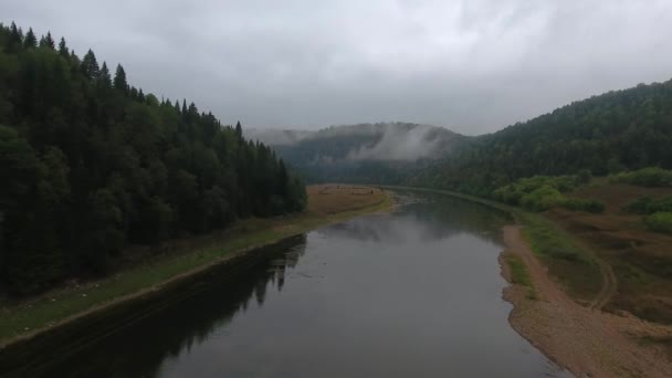 Vliegende voorwaartse luchtfoto van berg rivier stroomt tussen de bergen bedekt met bos. Grijze regenwolken. Mist over de rivier. — Stockvideo