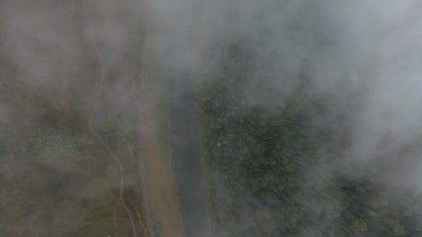 Vue aérienne de la rivière de montagne coulant entre les montagnes couvertes de forêt contre le brouillard sur la rivière .