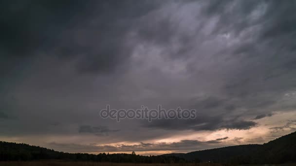 Time-lapse van het verplaatsen van de grijze wolken onder over sparren toppen van bergbos. — Stockvideo