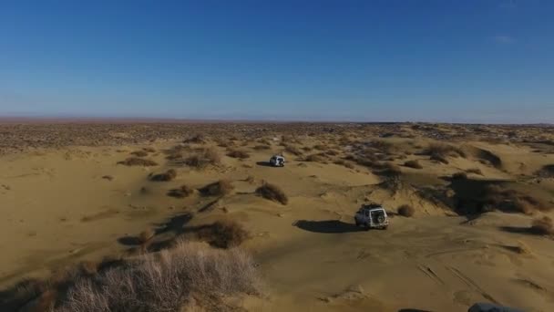 Luftaufnahme von Geländewagen, die sich im Winter in der schneebedeckten Wüste bewegen. Westkasachstan, Halbinsel Mangyshlak. — Stockvideo