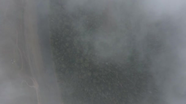 Tracciamento aereo colpo di fiume di montagna che scorre tra le montagne coperte di foresta. Nuvole grigie. Nebbia sul fiume . — Video Stock