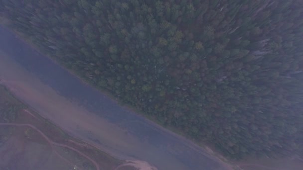 山の間を流れる山川の空中追跡ショットは森林に覆われています。灰色の雨の雲。川の霧. — ストック動画