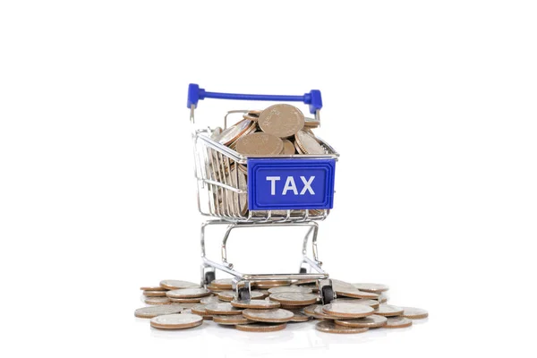 Conceito TAX com carrinho de compras com cheio de moeda . — Fotografia de Stock