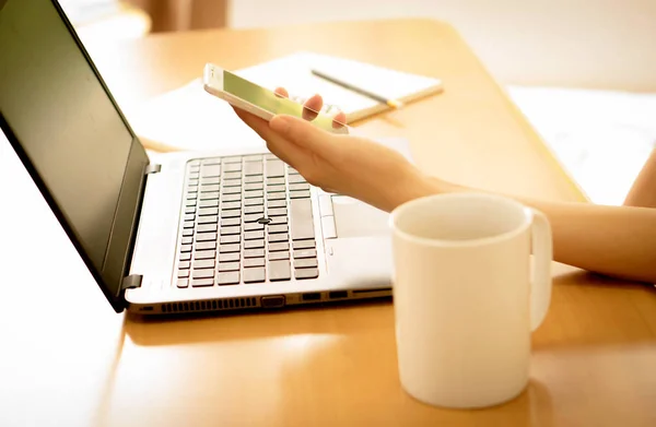 Flickan i händerna håller en mobiltelefon. Laptop med blank — Stockfoto