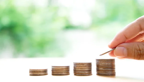 Close Female Hand Stacking Coins — Stock Photo, Image