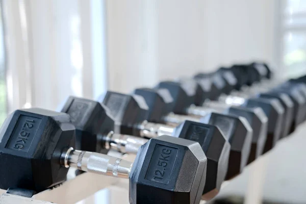 Row of dumbbells in sport club. Exercise in gym for healthy conc — 스톡 사진