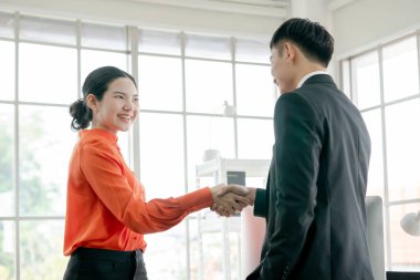Ofisteki bir iş toplantısından sonra el sıkışma. İş kadını toplantıda işadamıyla tokalaşıyor.