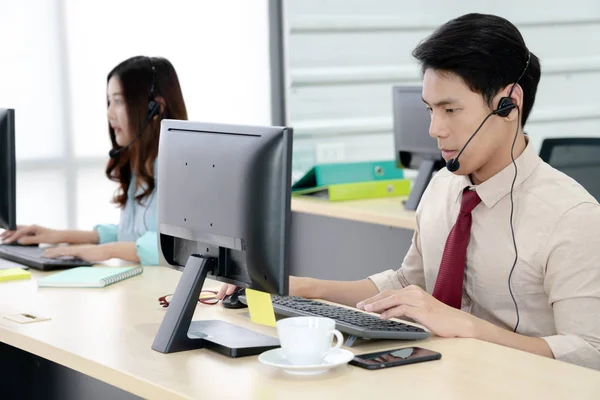 Friendly Handsome Man Working Call Center Headquarters Office Telemarketing Customer — Stock Photo, Image