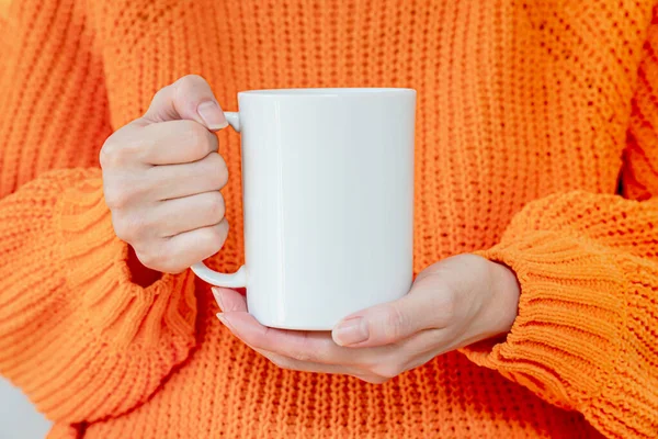 Woman Warm Sweater Holding White Mug Hands — Stock Photo, Image