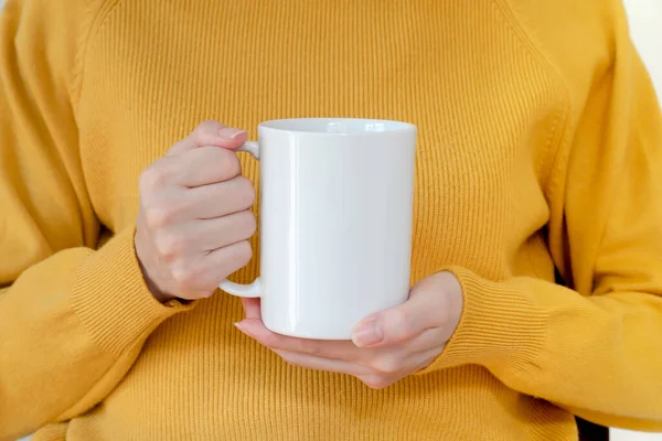 Woman Warm Sweater Holding White Mug Hands — Stock Photo, Image