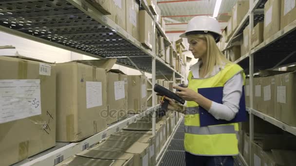 Femalr warehouse worker checking cargo on shelves — Stock Video