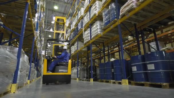 Warehouse worker on stacker loading cargo on shelf — Stock Video