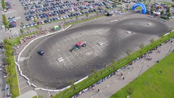 Russia, Saint-Petersburg, JULY 2017 - Drone view of drifting car — Stock Video