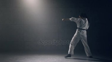 Kimonolu genç kadın karate çalışıyor.