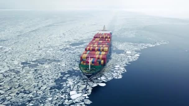 Containerschip in de zee bij wintertijd — Stockvideo