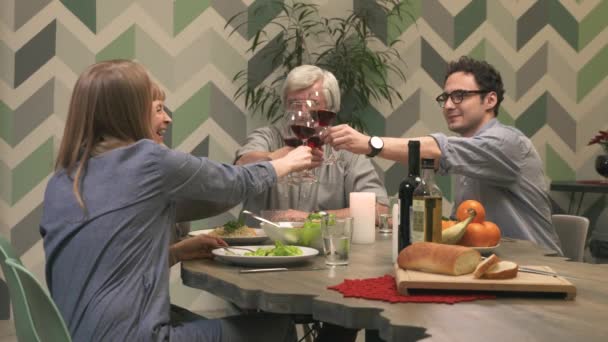Семья звон бокалов с красным вином — стоковое видео