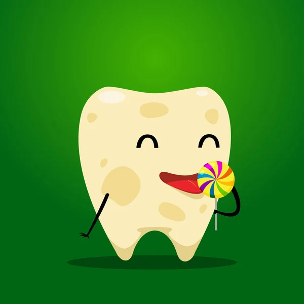 Gelber Zahn frisst Süßigkeiten — Stockvektor