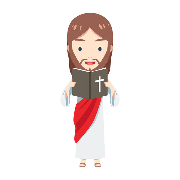 Cute Jesus is reading a bible. Isolated Vector Illustration