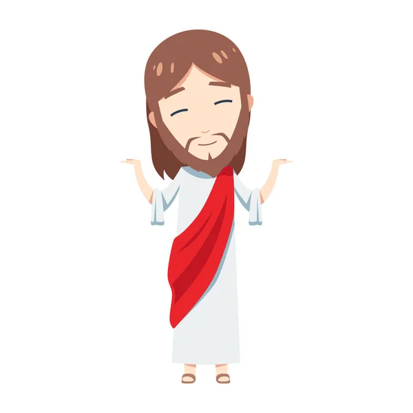 Cute Jesus Christ is raising two hands and skew his head — Stock Vector