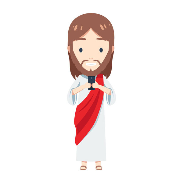 Cute Jesus Christ is using a phone. Isolated Vector illustration