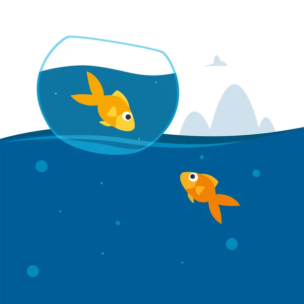 Akvaryumdaki bir balık ve okyanustaki bir balık — Stok Vektör
