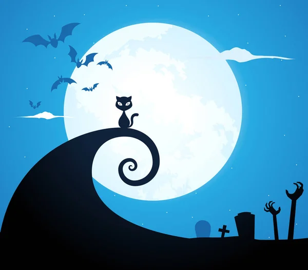 एक हॅलोविन मांजर गोषवाराच्या स्विअरच्या वरील बसली आहे — स्टॉक व्हेक्टर