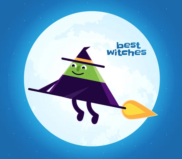 Cute triangle witch is flying in front of the moon — ストックベクタ