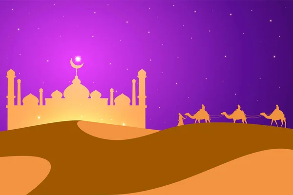 Os viajantes vão para a mesquita no meio da duna . — Vetor de Stock