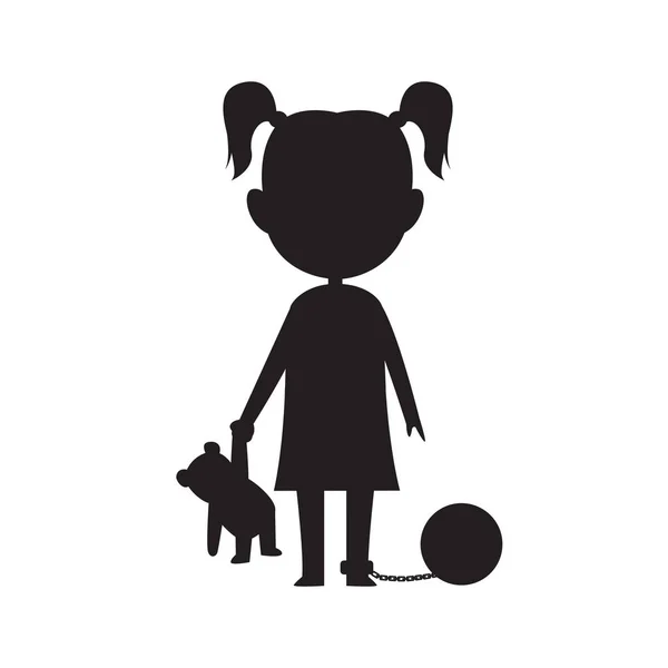 Silhouette girl holding his bear with leg chained — Stock Vector