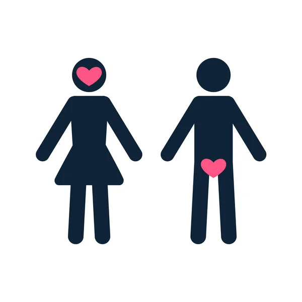 Male female icon. Love icon on the bottom of male. Love icon on the head of female. — Stock Vector