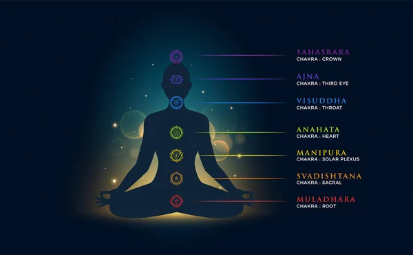 Une personne qui fait la méditation avec la description du chakra. Illustration vectorielle isolée . — Image vectorielle